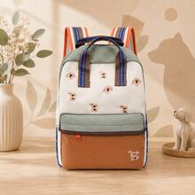 Personalized Fashion Dog Embroidery Color Block Backpack, Casual Daily Daypack With Portable Top Handle, Contrast Striped Shoulder Straps - Multicolor - View 8