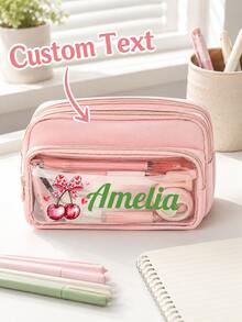 Personalized Name Cherry Bow Design Pencil Case, Customized Text Large Capacity Multi-Compartment Pencil Pouch With Transparent Front Pocket, Portable Stationery Storage Bag And Makeup Organizer, Suitable For College, Office, Travel, Birthday And Back To School Gifts - Multicolor - View 4