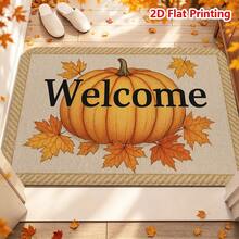1/2pcs Autumn Door Mat, Flannel Door Mat With Pumpkin And Maple Leaf Pattern, Welcome Doormat, Non-Slip, Absorbent, Machine Washable, Multi-Functional For Entrance, Living Room, Kitchen, Bathroom, Hallway, Thanksgiving Decor Carpet - Multicolor - View 1