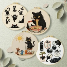 1PC 20*20cm/7.9*7.9in,Black Cat Embroidery Kit, DIY Handmade Embroidery Set For Adult Beginners, Home Gift, Women's Sewing Gift, Including User Manual, Printed Pattern Fabric, Embroidery Frame, Needle And Thread. - Black Cat - View 3