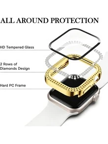 1pc Unisex Shiny Rhinestone Decorated Fashionable Anti-Drop Ultra-Thin Tempered Glass Screen Protector, Compatible With Apple Watch 38/40/41/42/44/45/46/49mm, Suitable For Apple Watch Series Ultra/SE/11/10/9/8/7/6/5/4/3/2/1, Smart Watch Accessory - Gold - View 3