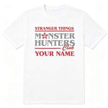 Bacardi Thick Black Cotton Boy's Blouse, Customizable Stranger Things Monster Hunters Club Text Men's T-Shirt, Summer Outing Oversize Fit - White - View 1