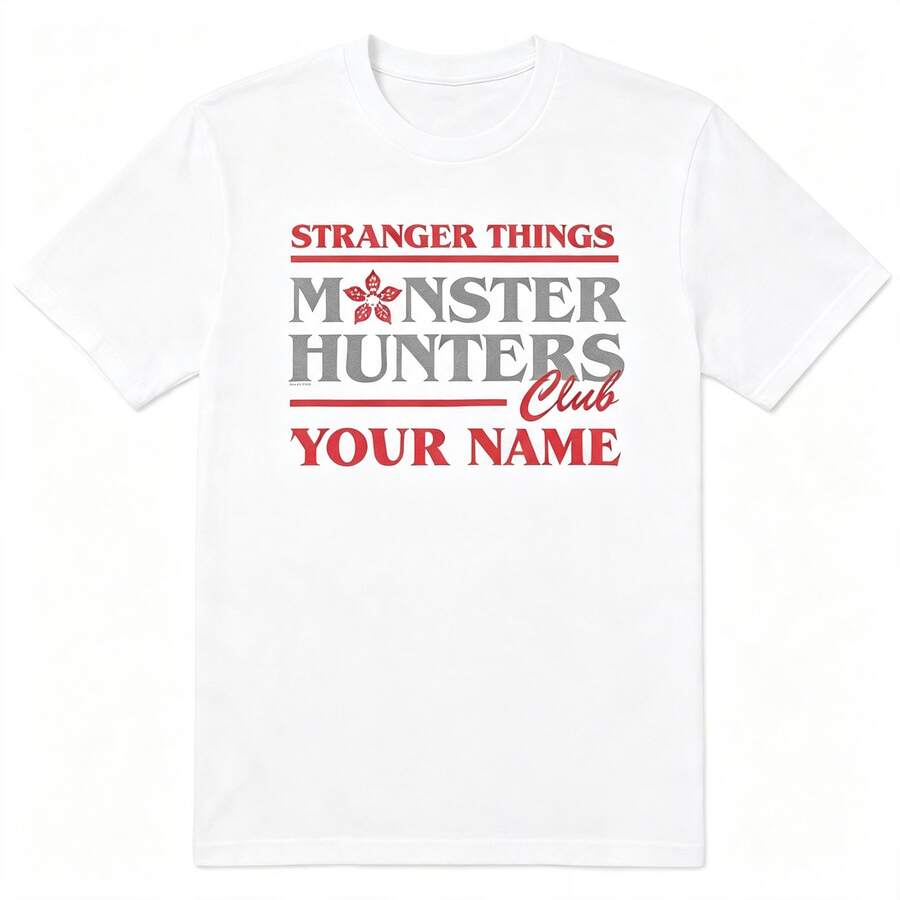 Bacardi Thick Black Cotton Boy's Blouse, Customizable Stranger Things Monster Hunters Club Text Men's T-Shirt, Summer Outing Oversize Fit - White - View 1