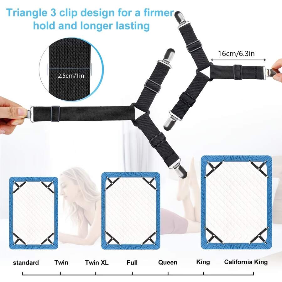 4pcs Adjustable Elastic Bed Sheet Straps, Bed Sheet Fasteners, Bed Sheet Curtain Sofa Cushion Triangular Metal Clips, Adjustable Bed Sheet Fasteners - Non-Slip, Easy To Clean Nylon Fasteners For Securing Bedding And Sofa Cushions, Black - Multicolor - View 1