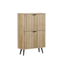 60cm Wide Shoe Cabinet With Natural Wood Finish – Freestanding Mid-Century Modern Style Shoe Storage Unit With Two Drop-Down Compartments And Grooved Surface; Suitable For Entrances And Hallways - 自然 - 查看 4