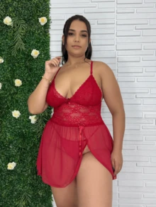 Camisola Plus Size Sensual em Tule e Renda com Calcinha Fio | Lingerie Feminina - Vermelho - Visão 7