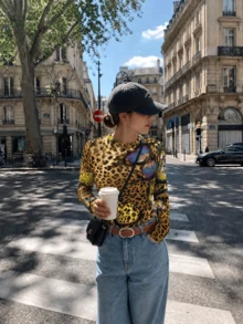 Women's Y2K Leopard Print Butterfly Patchwork Fitted Long Sleeve Top, Vintage Round Neck Slim Fit Layering Shirt - Yellow - View 1