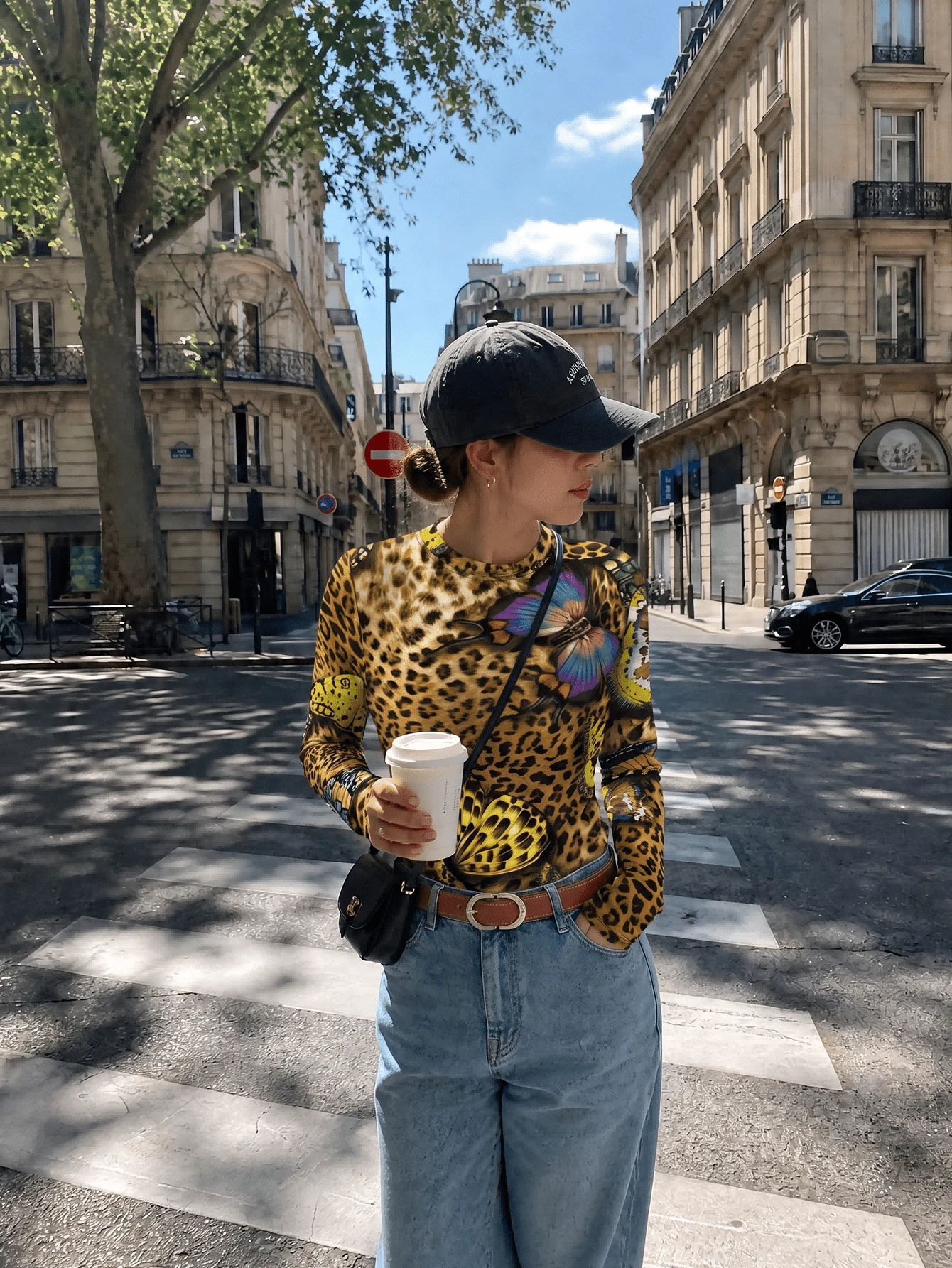 Women's Y2K Leopard Print Butterfly Patchwork Fitted Long Sleeve Top, Vintage Round Neck Slim Fit Layering Shirt - Yellow - View 1