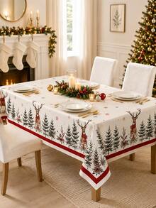 1pc-Farmhouse Christmas Reindeer Tablecloth, Forest Pine Tree Snowflake Red Berry Printed Round Rectangular Table Cloth, Festive Holiday Table Cover For Xmas Dinner Party Indoor Kitchen Dining Home Table Decoration - Multicolor - View 10