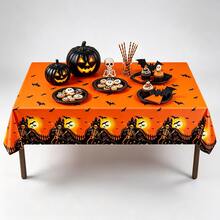 1/3pcs Orange Pumpkin Castle Orange Plastic Rectangular Tablecloth 54x108inch Pumpkin Bat Skeleton Print, Skeleton Table Runner For Halloween Dining Table Decoration, Indoor/Outdoor Party Tablecloth - Multicolor - View 2