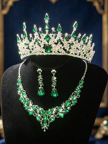 Bride Wedding Accessories Luxurious Tiara With Crystal Necklace Earrings 4-Piece Bridal Jewelry Set, Suitable For Weddings, Parties, And Balls. - Silver - View 3