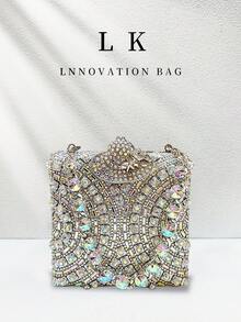 1pc Luxury Rhinestone Glitter Women's Handbag, Mini Crystal Box Handbag, Elegant Evening Diamond Chain Crossbody Bag, Rebel Hat Pattern Party Bag, Perfect For Gatherings, Weddings, Balls, Dinner/Banquet - Multicolor - View 2