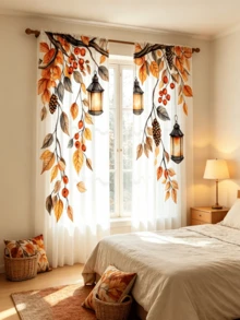 2pcs Autumn/Winter Sheer Curtains, Orange-Red Autumn Leaf Pendant Light Pattern, Create Warm Magical Atmosphere, Suitable For Living Room, Home Decor, Dining Room, Bedroom, Kitchen, Study, Bathroom, Balcony, 2D Flat - Multicolor - View 6