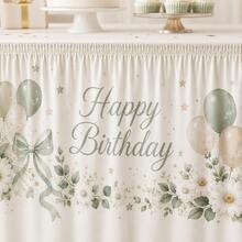 Sage Green Happy Birthday Table Skirt With Balloon, Daisy And Bow Print, Polyester Party Tablecloth, Suitable For Children's Birthday, Baby Shower, Dessert Table And Neutral Celebration Decor - A - View 8
