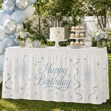 Light Blue Happy Birthday Table Skirt, Printed With Stars And Fireworks Pattern, Polyester Party Tablecloth, Suitable For Baby Birthday, Baby Celebration, Dessert Table Decoration And Home Party Supplies - A - View 2