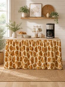 1pc Brown & Cream Giraffe Print Rectangular Table Skirt, Safari Animal Style Polyester Elastic Edge Ruffled Table Cover, Decorative Table Skirting For Jungle Party, Birthday, Dessert Buffet, Room Decor & Home Decor - Multicolor - View 4