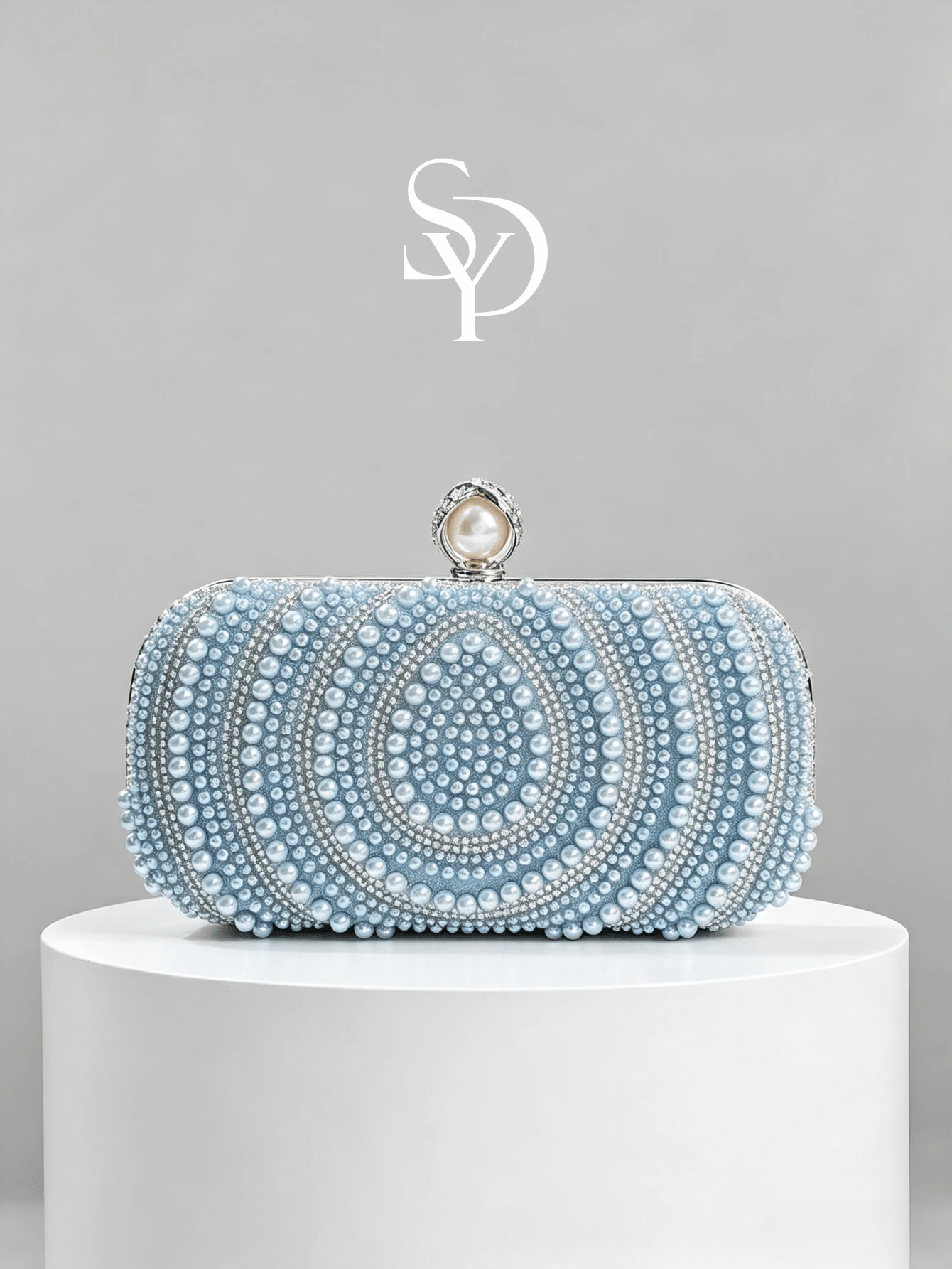 1pc Light Blue Water Drop Heavy Beaded Evening Clutch, Exquisite Round Bead Rhinestone Pattern, Pearl Studded Lock, Dress Matching Small Bag, Wedding Party Ball, With Detachable Crossbody Chain - Baby Blue - View 1
