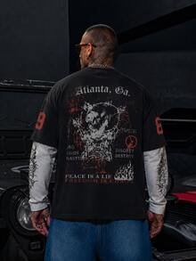 Black & Grey Contrast Distressed Punk Skull Number Men's 2 In 1 Long Sleeve T-Shirt, American Streetwear Loose Breathable Top - Black - View 2