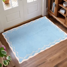 1pc Light Blue Wavy Rug, Washable & Foldable Bohemian Floral Carpet, Suitable For Kitchen, Hallway, Bathroom, Bedroom, Living Room, Kitchen, Corridor, Entryway, Laundry Room And Other Home Decor - Baby Blue - View 2