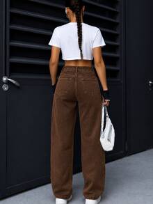 Pantalón Mujer Casual MOM JEANS Washed Tela Rígida no elástica  Straight Bolsillos Button Zipper Primavera Verano Diario Pantalón - Café integral - Ver 4