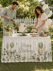 Sage Green Happy Birthday Table Skirt With Balloon, Daisy And Bow Print, Polyester Party Tablecloth, Suitable For Children's Birthday, Baby Shower, Dessert Table And Neutral Celebration Decor - A - View 10