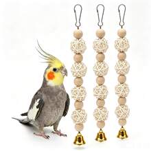Hanging White Woven Rattan Ball Wooden Bead Bird Toy With Bell - Parrot Chewing Boredom Relief Foraging Bird Cage Accessory, Suitable For Budgies, Cockatiels, Lovebirds And Other Small To Medium Birds - View 2