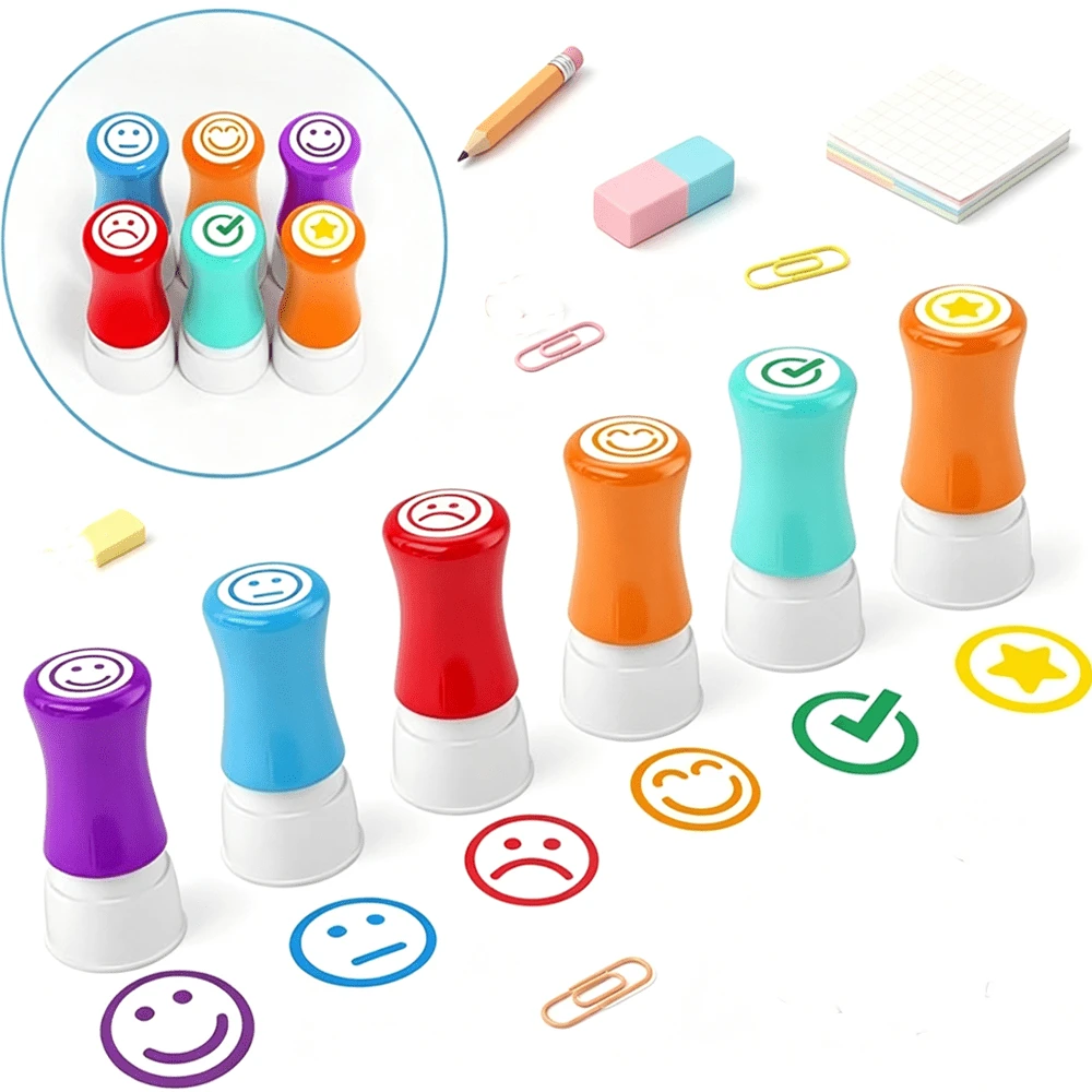 6pcs Rubber Teacher Stamps, Self-Inking, Office Stationery Stamps, Colorful, Best Homework Stamps, Encouraging Classroom Comments (Smiling Face Stamps) - 6-piece Vibrant Upgraded Grading Stamp Set - View 1