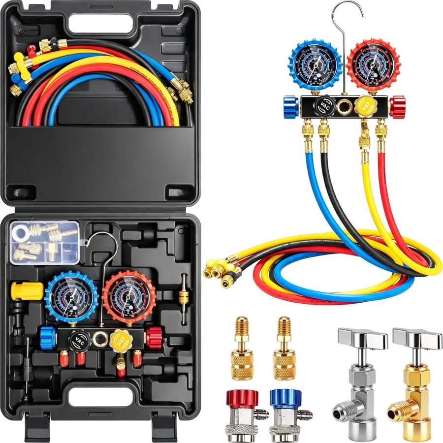 Juego Manometros Refrigeracion Manifold R410A R32 R134A R22 de 4 válvulas con Mangueras, Acopladores Rápidos - A - Ver 1