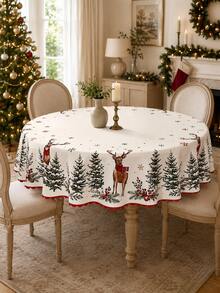 1pc-Farmhouse Christmas Reindeer Tablecloth, Forest Pine Tree Snowflake Red Berry Printed Round Rectangular Table Cloth, Festive Holiday Table Cover For Xmas Dinner Party Indoor Kitchen Dining Home Table Decoration - Multicolor - View 9