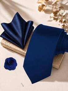 1SET Solid Color Tie, Pocket Square, Lapel Pin Combination, Simple Versatile Hand-Tied Tie, Handkerchief, Brooch Set, Suitable For Daily Wear, Wedding, Party, Cocktail, Banquet - Navy Blue - View 1