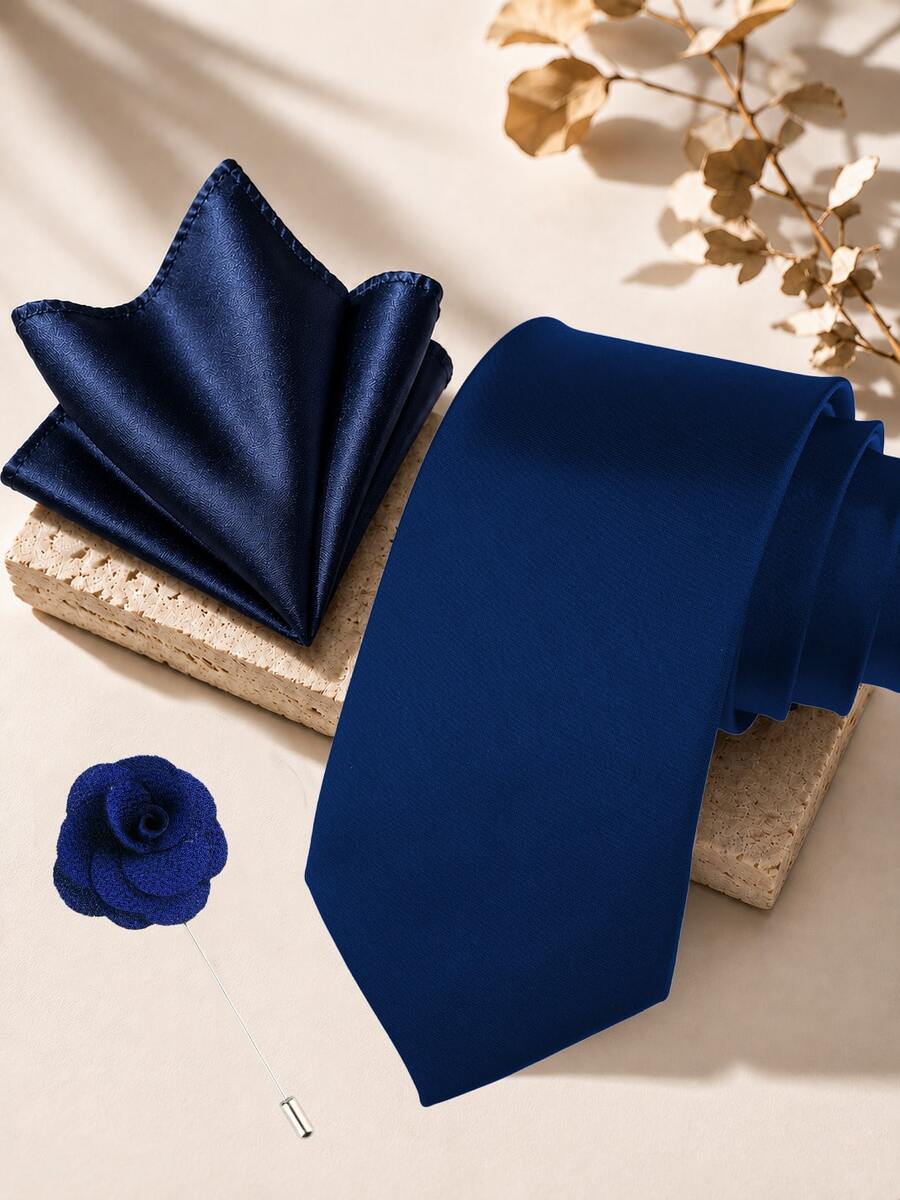 1SET Solid Color Tie, Pocket Square, Lapel Pin Combination, Simple Versatile Hand-Tied Tie, Handkerchief, Brooch Set, Suitable For Daily Wear, Wedding, Party, Cocktail, Banquet - Navy Blue - View 1