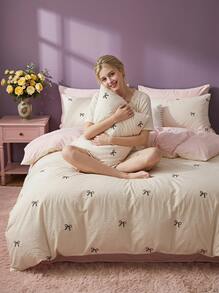 Joivida 3pcs Bowknot Duvet Cover Set, Soft Polyester Reversible Cream & Pink Bow Bedding Set With Zipper Closure & 2 Pillow Shams (No Insert) - Multicolor - View 2
