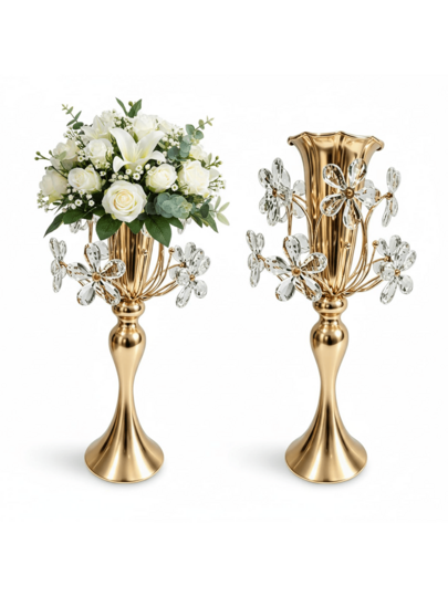 Trumpet Gold Vases: Flower Vases With Stretched Crystal Blossoms | Unique Elegant Table Decorations Floral Arrangement Stands For Centerpieces Birthday Party Event Christmas Home Wedding Decor