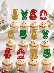 12pcs/24pcs Christmas Cake Toppers, Gold Glitter Cupcake Picks With Wooden Toothpicks And Glue Dots, Christmas Holiday Party Baking Decoration - Style a - View 3