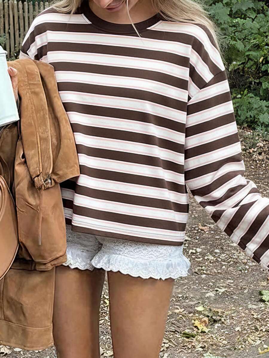 New Fashion Elegant Striped Colorblock Women's Casual Versatile T-Shirt, Vacation College Daily All-Season Top - Brown - View 1