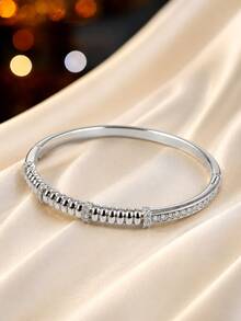 1pc Gold-Tone Textured Rhinestone Bangle Bracelet, Sophisticated Decorative Closed Cuff For Women - Bracelet - View 5
