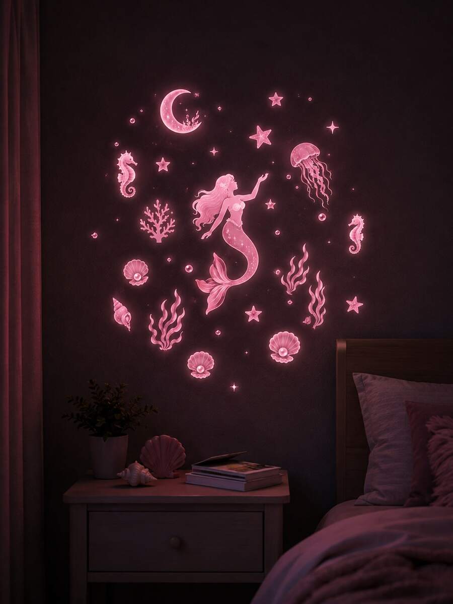 1 Set Pink Star Girl Butterfly Glow-In-The-Dark Butterfly Wall Stickers, Suitable For Living Room, Bedroom And Children's Room Home Decor. Removable Semi-Matte Self-Adhesive Stickers, Suitable For Living Room, Bedroom And Children's Room. Home Decor Stickers, Wall Stickers, Vinyl Stickers, Spring Decor To Add Vitality To Home. Rama Decorative Stickers Gift, Perfect As Birthday Or Graduation Gift. - Pink-mermaid - View 1