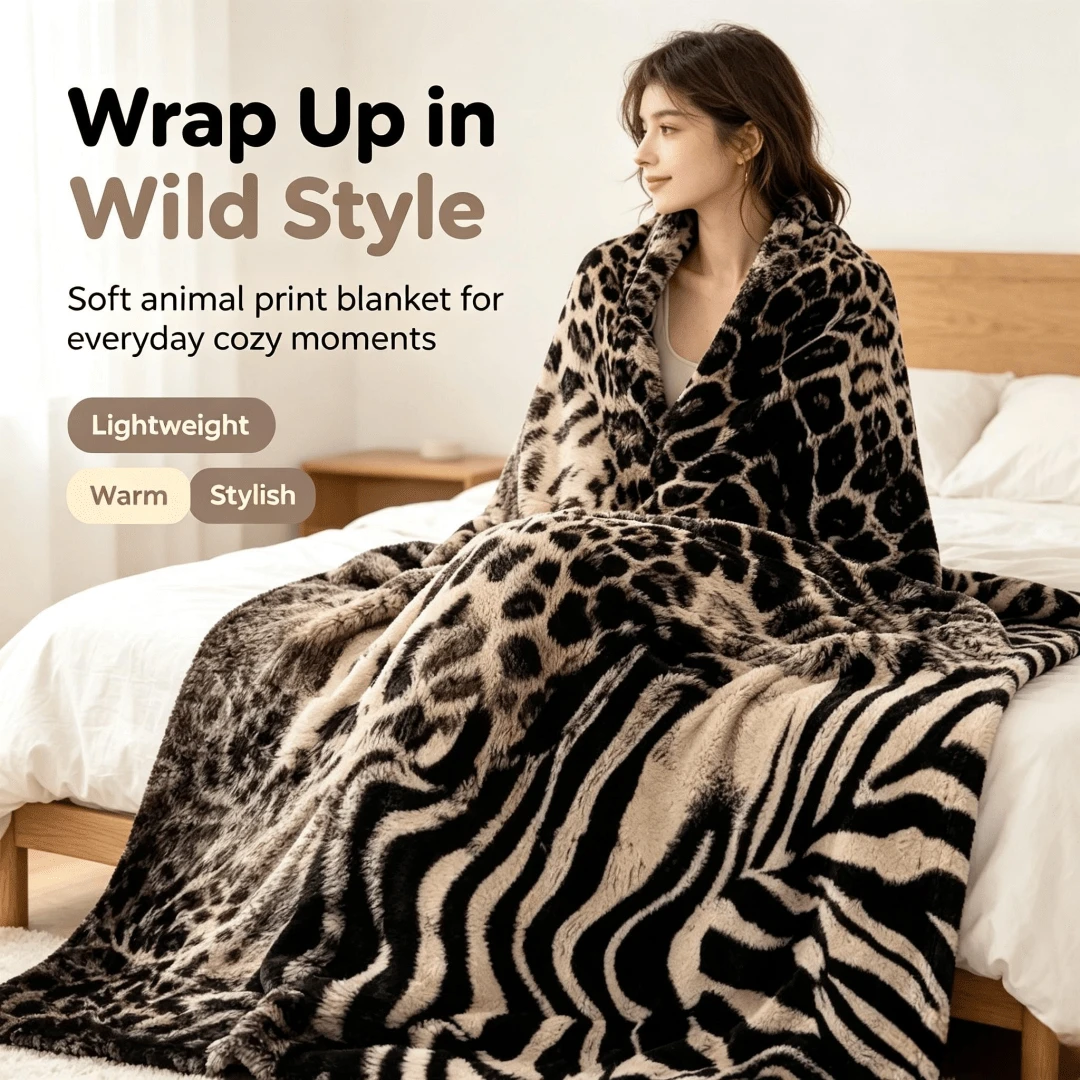 African Leopard & Zebra Print Patchwork Animal Fur Flannel Blanket, Wild Vintage Throw Blanket For Sofa, Bedroom Decor And Leisure - Multicolor - View 1