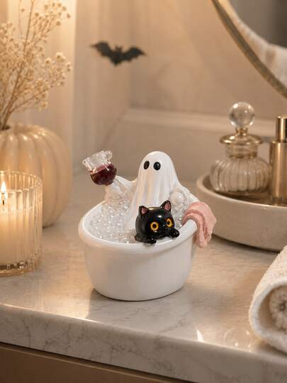 1pc Halloween Ghost Figurine With Black Cat In Bathtub, Cute Spooky Bathroom Decor, Mini Ghost Cat Tabletop Ornament, Halloween Decorations Indoor, Shelf Desktop Vanity Decor, Fall Home Decor Gift