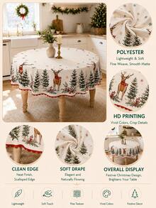 1pc-Farmhouse Christmas Reindeer Tablecloth, Forest Pine Tree Snowflake Red Berry Printed Round Rectangular Table Cloth, Festive Holiday Table Cover For Xmas Dinner Party Indoor Kitchen Dining Home Table Decoration - Multicolor - View 5
