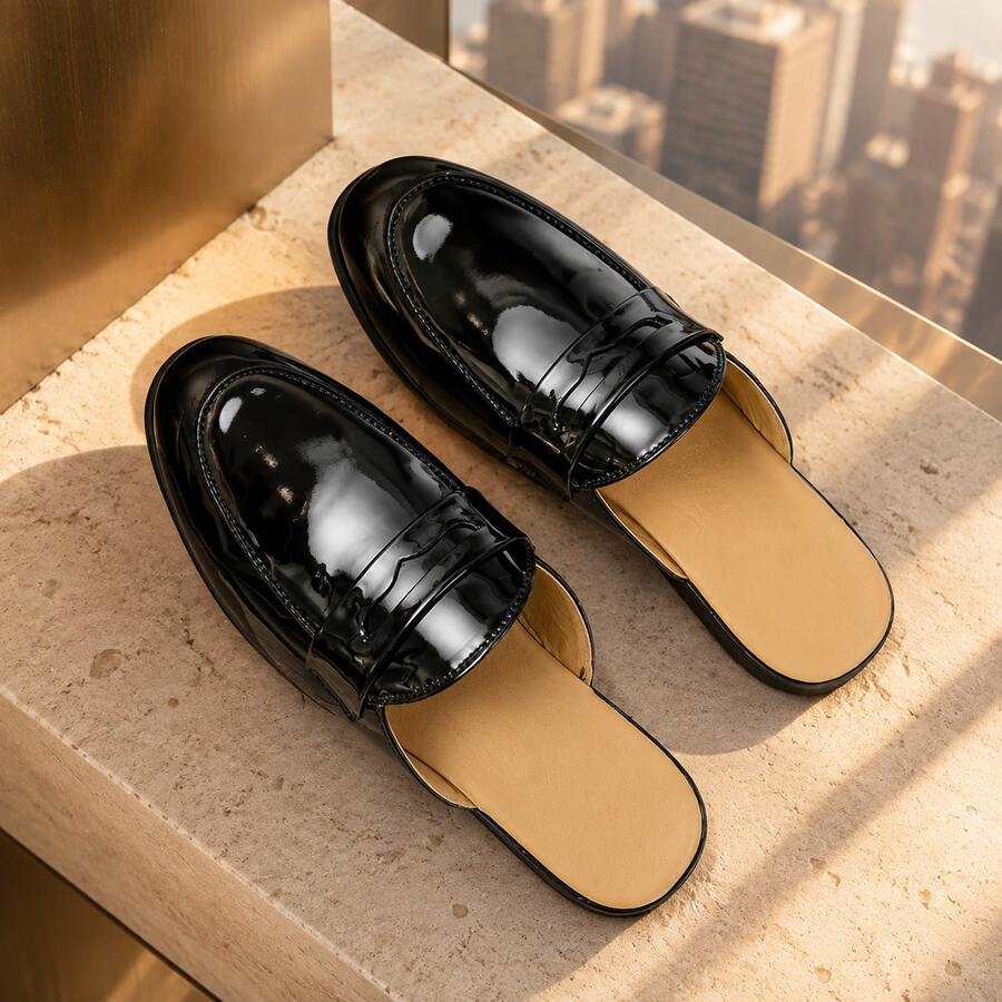 Men's Mule Shoes, PU Leather Upper, Breathable Wear-Resistant Non-Slip Half-Toe Shoes, Suitable For Outdoor Casual, Men's Street Slip-On Shoes - Black - View 1