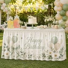Sage Green Happy Birthday Table Skirt With Balloon, Daisy And Bow Print, Polyester Party Tablecloth, Suitable For Children's Birthday, Baby Shower, Dessert Table And Neutral Celebration Decor - A - View 2