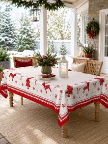 1pc-Nordic-Style Christmas Reindeer Print Tablecloth, With A Red Reindeer, Pine Tree, Snowflake, And Geometric Border Pattern; A Rustic Table Cover Suitable For Christmas Eve, Christmas Dinners, And Restaurant Table Decorations. - Multicolor - View 16