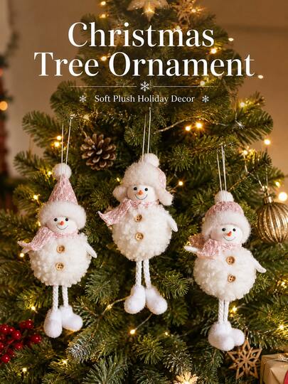 Cozy Nordic Snowman Plush Hanging Ornament, Round White Body With Pink Knitted Hat, Scarf, Wooden Button Details And Dangling Legs, Christmas Tree Pendant Decoration, Suitable For Holiday Party, Home Living Room, Fireplace, Holiday Winter Seasonal Decor