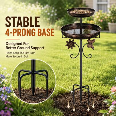 Bañera y Comedero de Pájaros de Dos Niveles con Estaca de Jardín, Cuenco de Agua y Bandeja de Semillas de Metal para Exteriores con Diseño Decorativo de Flores y Mariposas para Patio, Césped y Decoración de Jardín