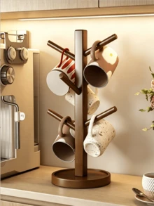 1pc Vintage Bamboo Wood Cup Holder, Nordic Style Desktop Mug Drying Rack, Kitchen Countertop Cup Storage Organizer, Smooth Round Design Without Burrs, Multi-Purpose Suitable For Home Kitchen Office, Ideal Housewarming Gift - 1PC - View 5