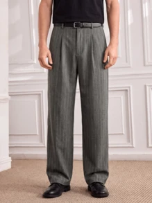 Officeau Men's Casual Business Style Wide Leg Loose Fit Dress Pants, Fashionable Versatile Striped Straight Leg Trousers - Grey - View 2