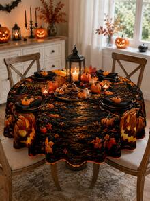 萬聖節楓葉與南瓜桌布，經典萬聖節主題，蝙蝠與城堡印花，聚酯纖維布料，秋季豐收風格桌巾，適合廚房使用，營造詭譎派對氛圍 - 彩色 - 查看 4