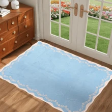1pc Light Blue Wavy Rug, Washable & Foldable Bohemian Floral Carpet, Suitable For Kitchen, Hallway, Bathroom, Bedroom, Living Room, Kitchen, Corridor, Entryway, Laundry Room And Other Home Decor - Baby Blue - View 5