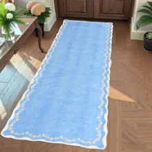 1pc Light Blue Wavy Rug, Washable & Foldable Bohemian Floral Carpet, Suitable For Kitchen, Hallway, Bathroom, Bedroom, Living Room, Kitchen, Corridor, Entryway, Laundry Room And Other Home Decor - Baby Blue - View 3